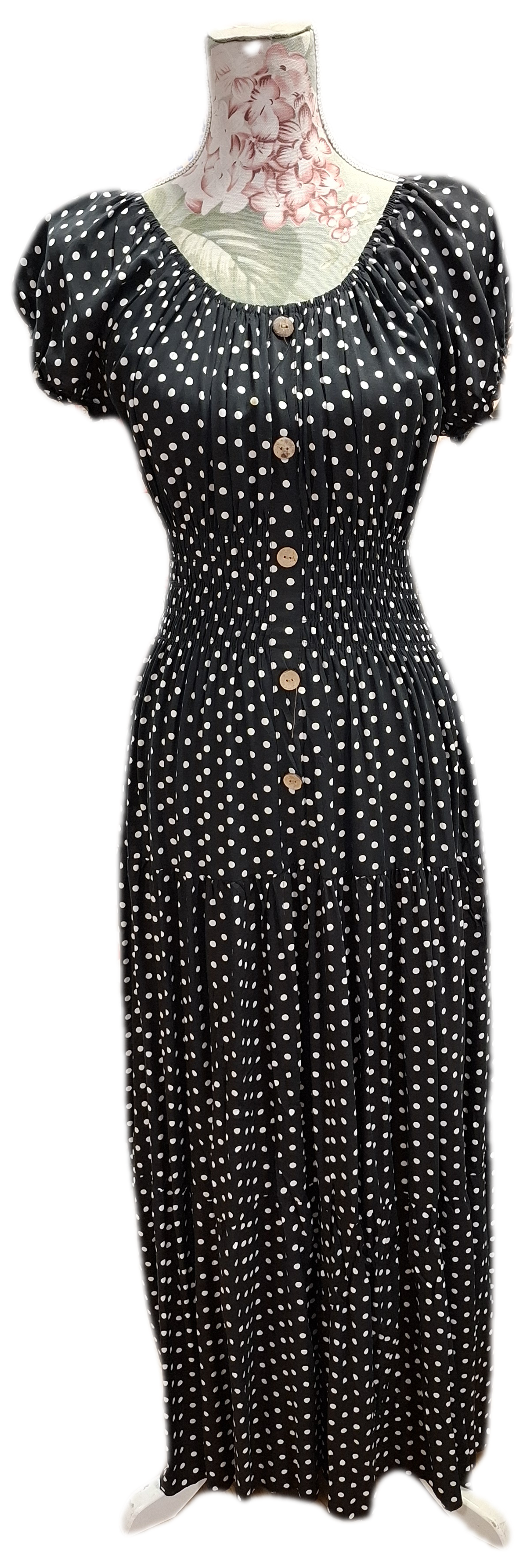 Polka Dot Shirred Waist Maxi Dress