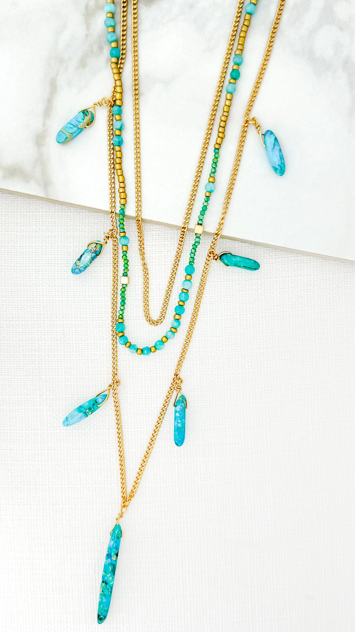 Envy Multi Layer Gold tone Long Necklace with turquoise beads
