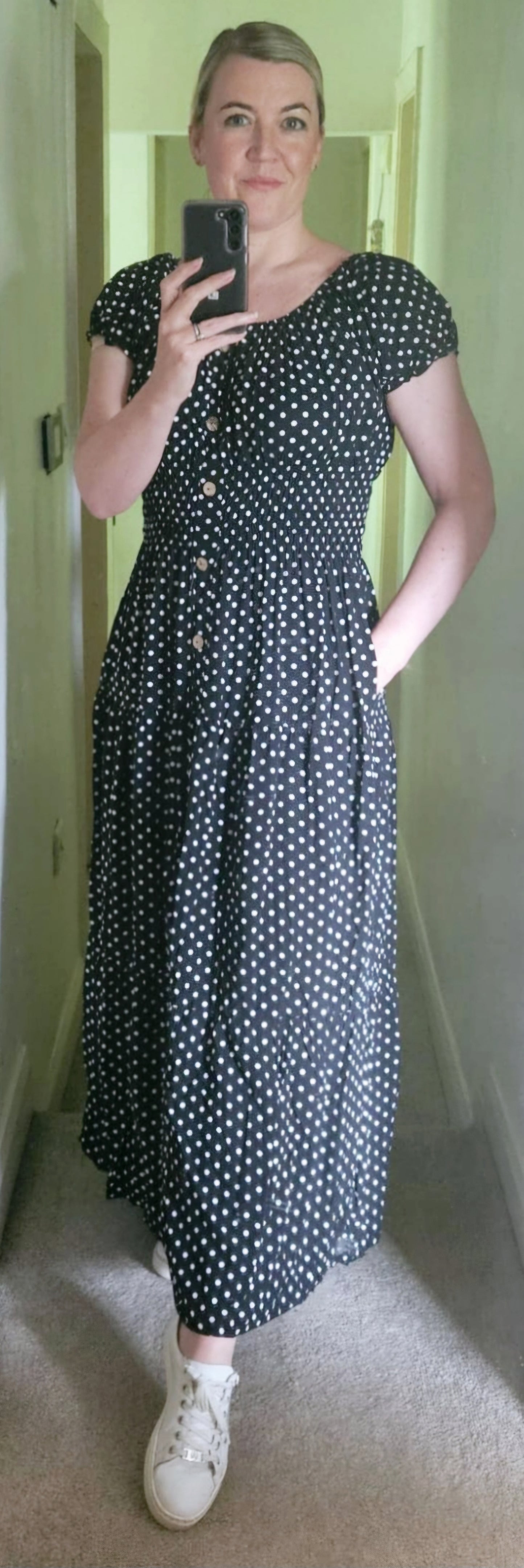 Polka Dot Shirred Waist Maxi Dress