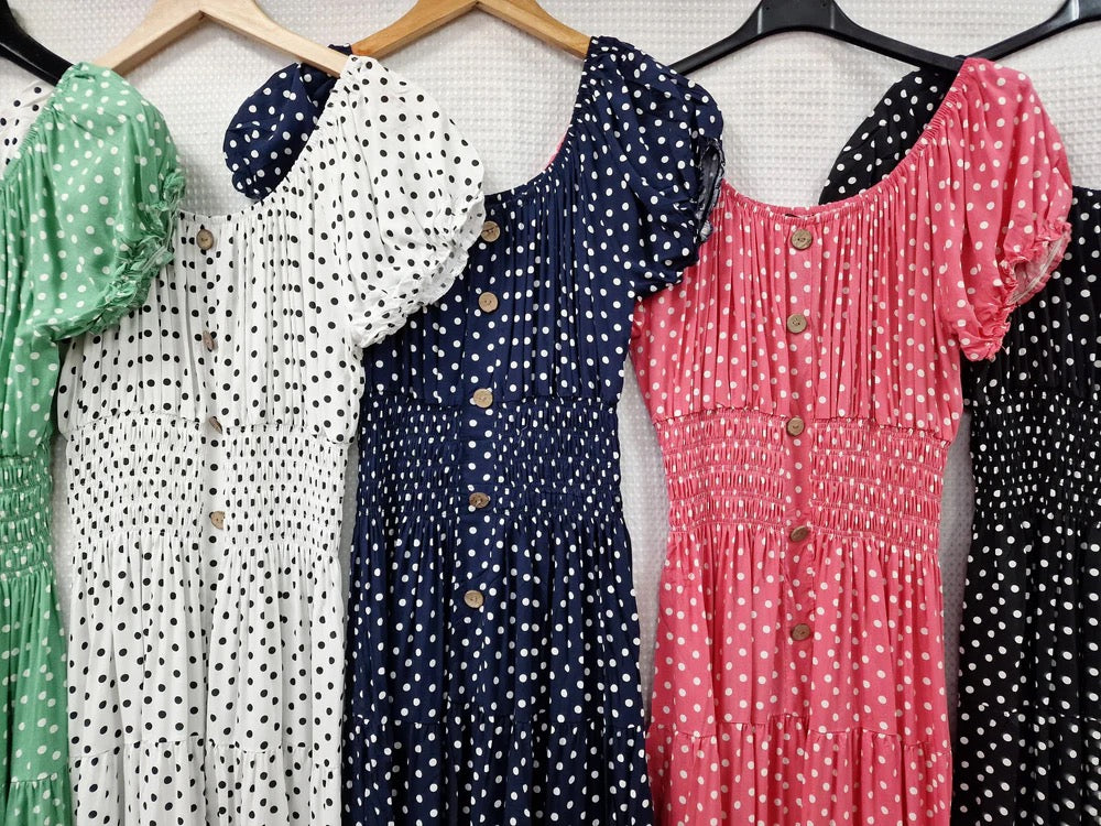 Polka Dot Shirred Waist Maxi Dress
