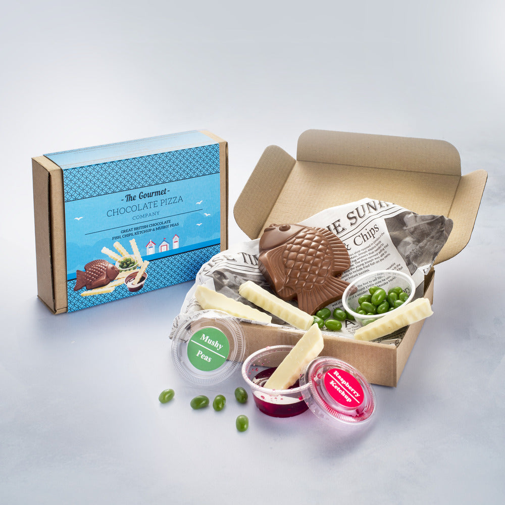 The Gourmet Chocolate Pizza Company - Great British Chocolate Fish, Chips, Ketchup & Mushy Peas