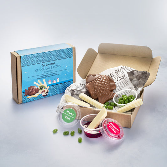 The Gourmet Chocolate Pizza Company - Great British Chocolate Fish, Chips, Ketchup & Mushy Peas