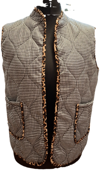 Dogtooth Check Quilted Gilet Leopard Print Detail