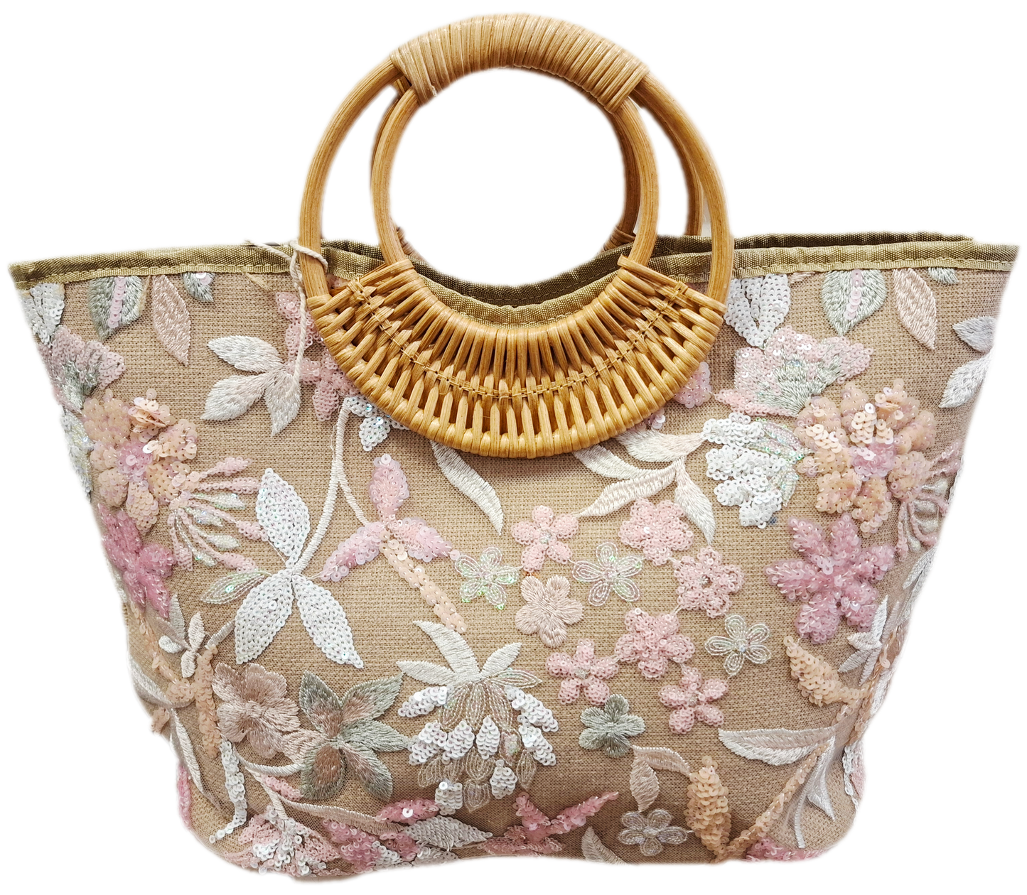 Summer Tote Bag, Floral Sequin with Bamboo Handles