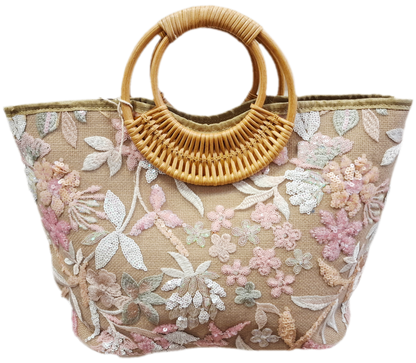 Summer Tote Bag, Floral Sequin with Bamboo Handles