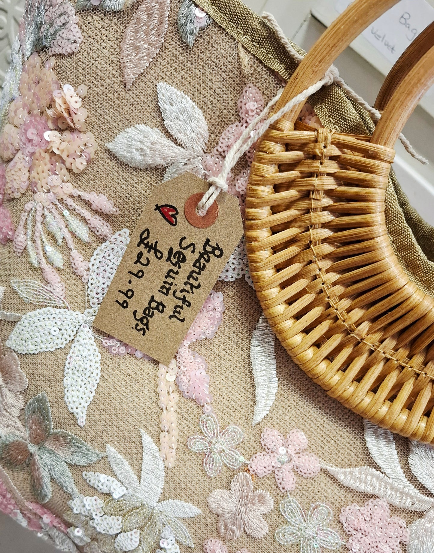 Summer Tote Bag, Floral Sequin with Bamboo Handles