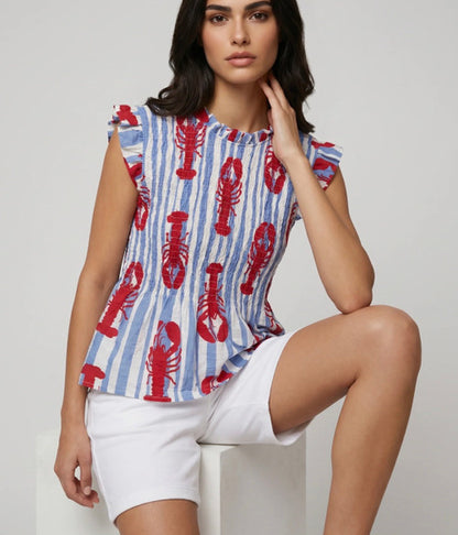 Blue and White Striped Red Lobster Top