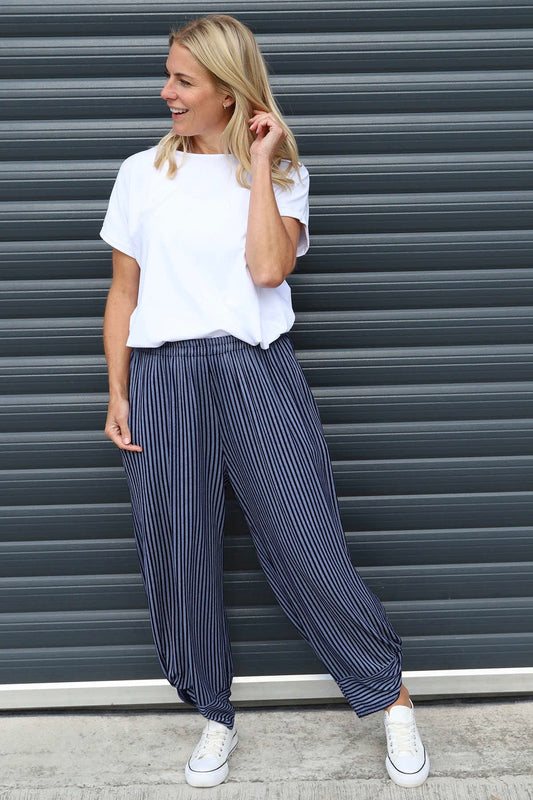 Ladies Jacinda Stripe Cotton Trousers in Navy
