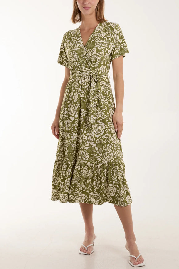 Floral Print Wrap Dress Khaki