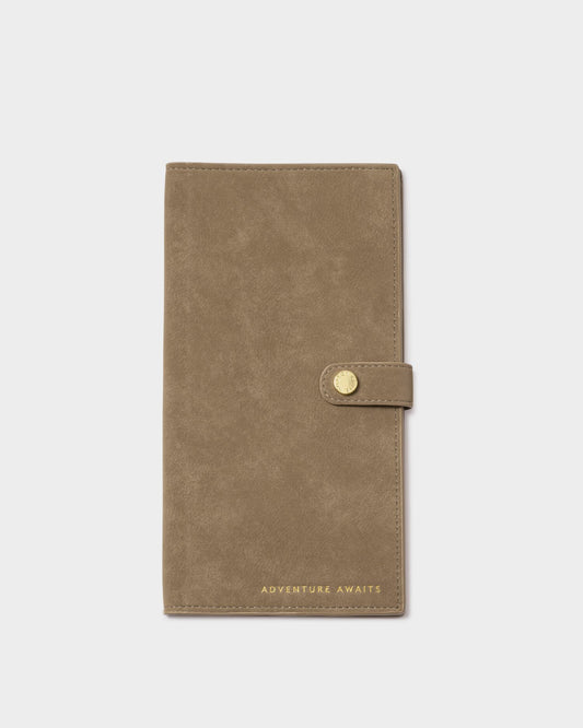 KATIE LOXTON Suedette Travel Wallet "Adventure Awaits" Taupe