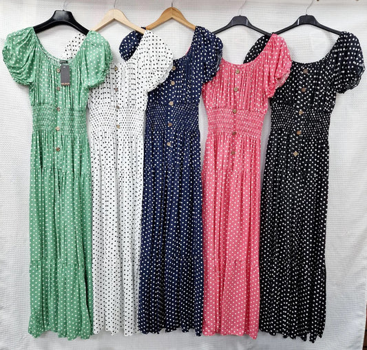 Polka Dot Shirred Waist Maxi Dress