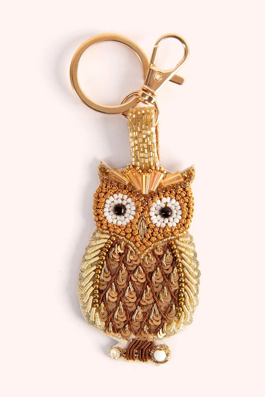 Powder Beaded Key Chain or Bag Charm - Golden Owl
