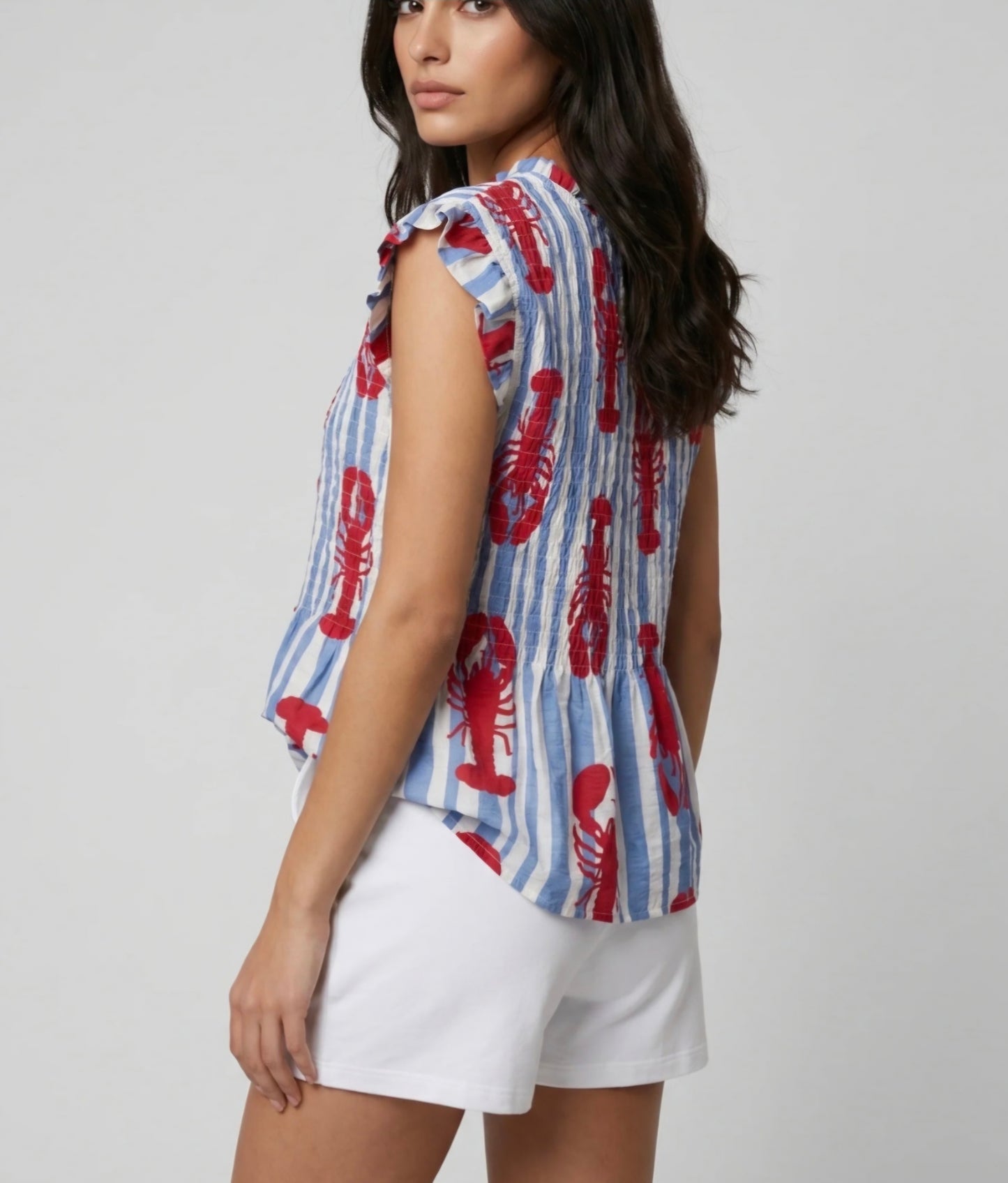 Blue and White Striped Red Lobster Top
