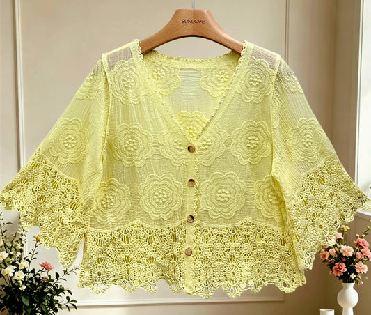 Embroidered Crochet Hem Top Button Front - Various Colours