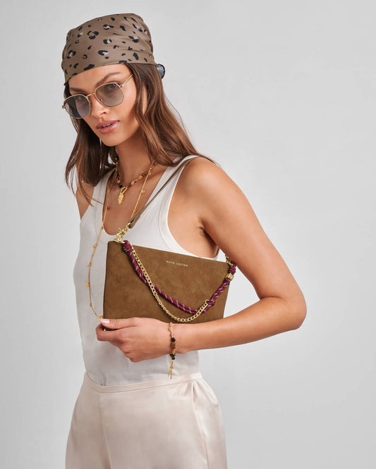 Katie Loxton Cord Suedette Clutch or Shoulder Bag in Caramel