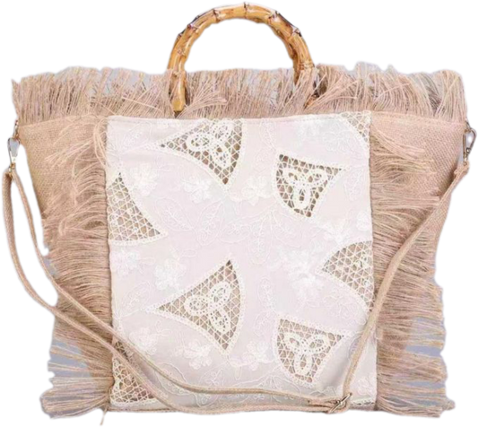 Boho Hessian and Lace Summer Shopper Beach Bag