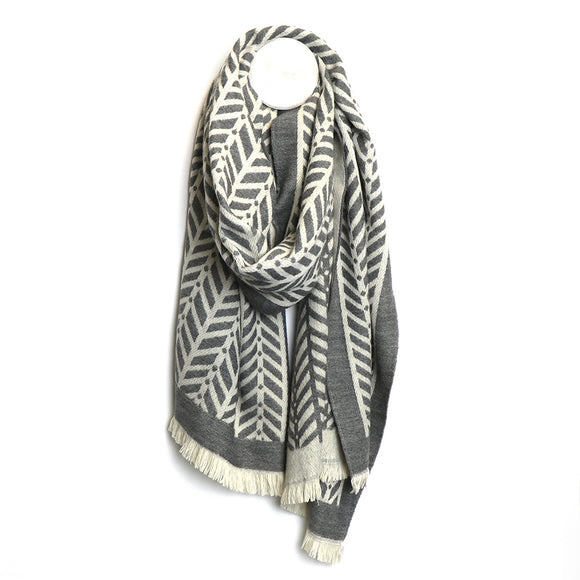 POM Grey/ecru chevron soft handle warm scarf with fringe trim